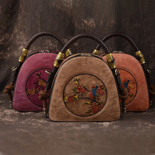 Handmade Retro Leather Bag – Genuine Cowhide Floral Round Handbag for Women